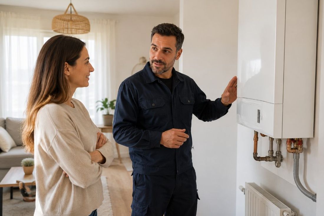 Técnico de calderas atendiendo a una clienta en una vivienda de Cambrils